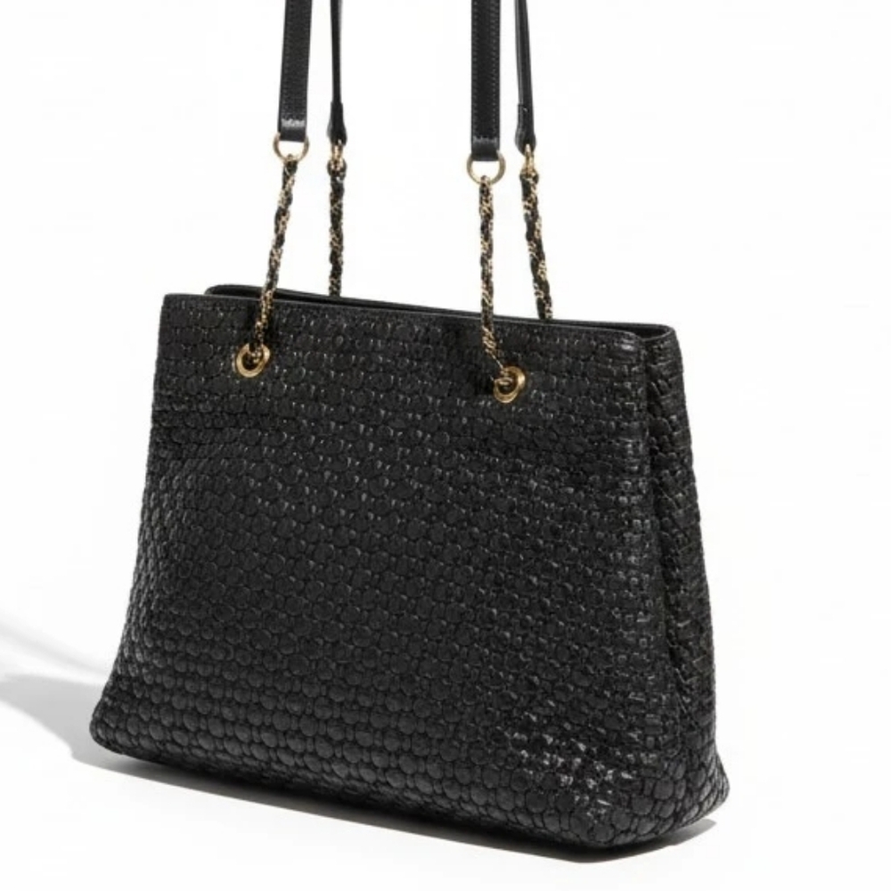 Bally Vintage Black Woven Lambskin Leather Tote with Chain Strap - Picture 2 of 7